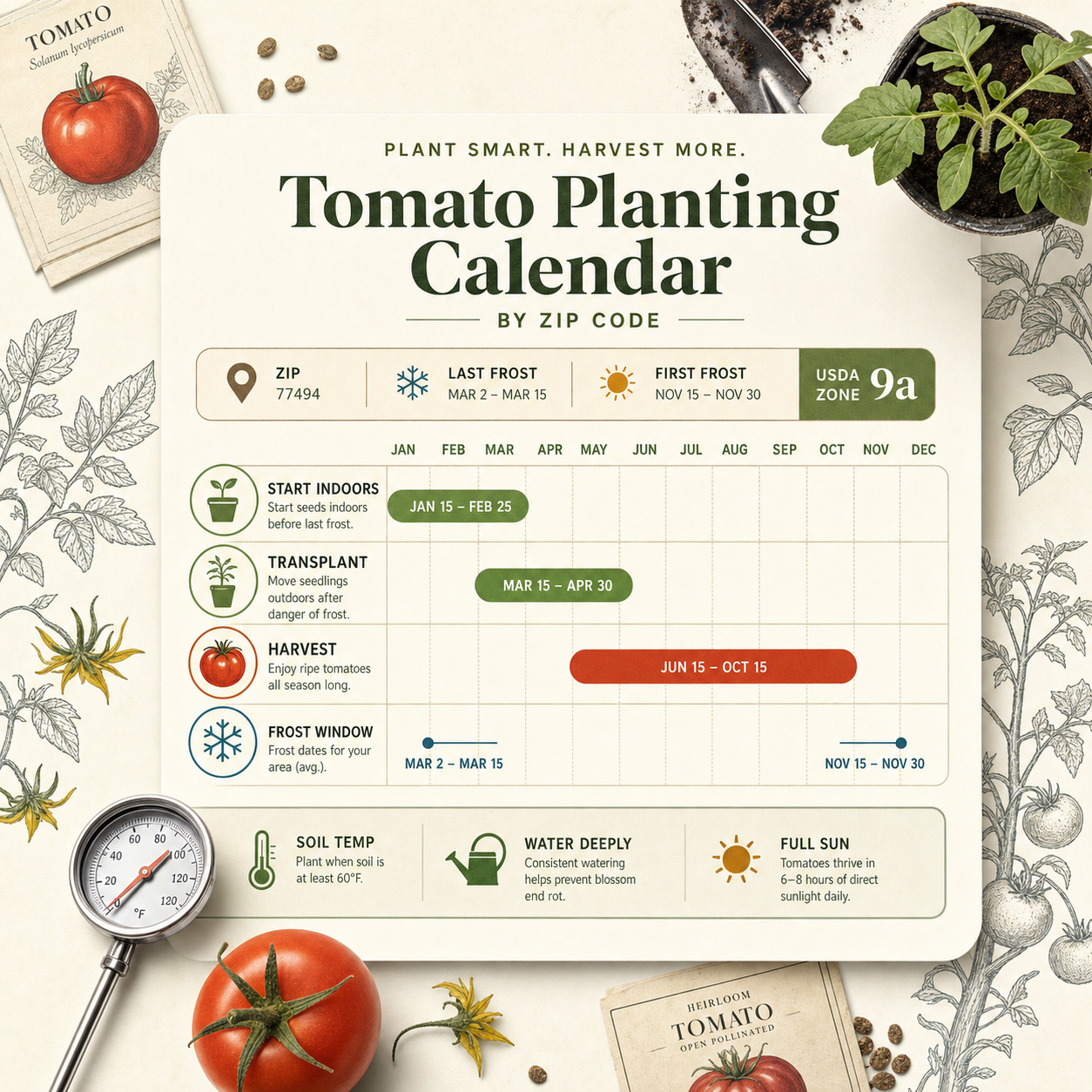 Illustrated GrowZone planting calendar with tomato timing windows.
